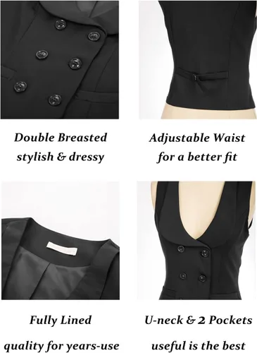 Vista 3 de Belle Poque Chaleco de doble botonadura para mujer, chaleco vintage con cuello de solapa y 2 bolsillos