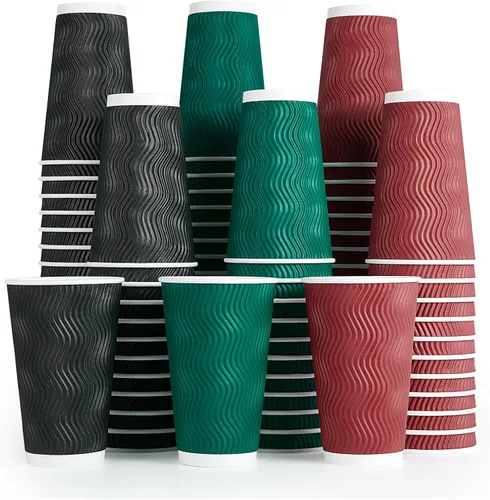 Vista 8 de MUCHII Tazas de café de papel aisladas de 10 onzas, 120 unidades, multicolor, desechables, diseño ondulado para bebidas calientes Multi
