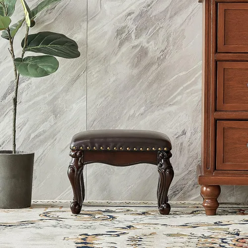Vista 5 de Otomana con reposapiés, taburete tapizado de cuero de microfibra para sala de estar, sofá, entrada, madera maciza (negro, marrón)