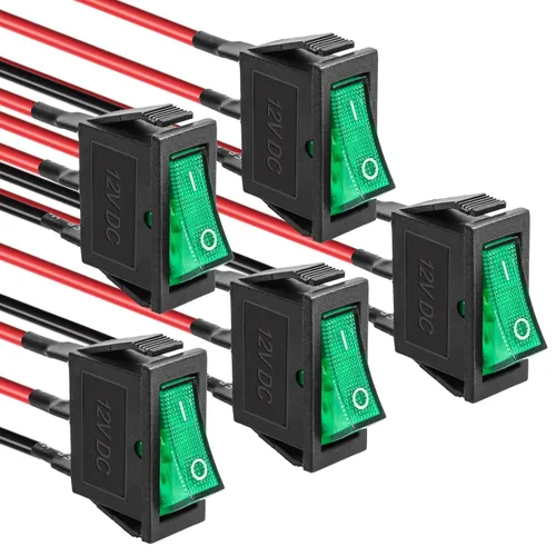 Vista 9 de KCD3 SPST de encendido/apagado de 3 pines, 2 posiciones, interruptor basculante instantáneo DC 12V-24V 30A con LED verde para barco - Paquete de 5