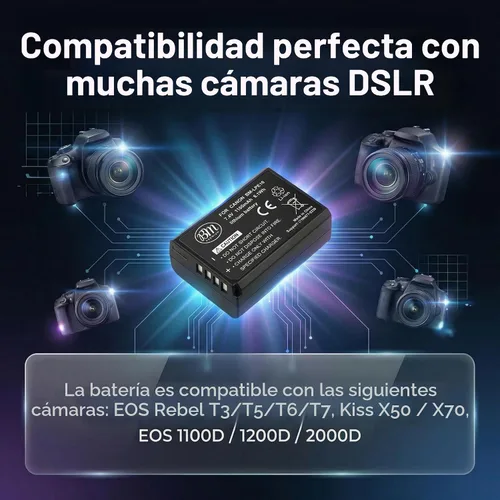 Vista 6 de BM Premium Batería LP-E10 para Canon EOS Rebel T3, T5, T6, T7, T100, Kiss X50, Kiss X70, T100, EOS 1100D, EOS 1200D, EOS 1300D, EOS 1500D, EOS