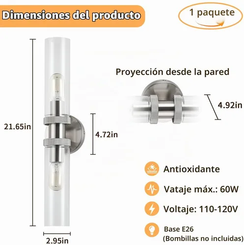 Vista 3 de Luz de Tocador de Baño de 2 Luces Níquel Cepillado, Accesorios de Luz de Baño para Espejo Lateral, Lámpara de Pared Vintage para Dormitorio