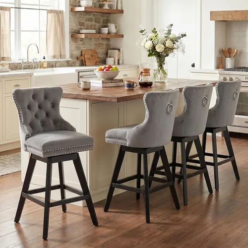 Vista 274 de SoarFlash Juego de 2 taburetes de bar tapizados de terciopelo moderno con patas de madera, botones acolchados, cabeza de clavo cromada, asiento
