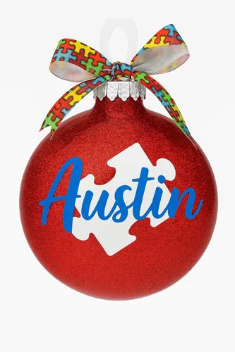 Vista 2 de Adorno de Navidad personalizado con purpurina para autismo, regalo con nombre Aspergers, profesor, educación especial, trastorno del espectro