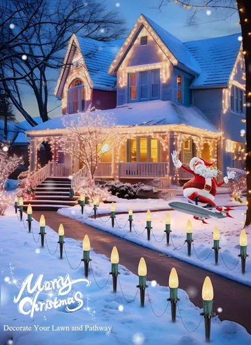 Vista 5 de Tira de luces LED estilo sendero de Navidad para exteriores; tira de 20 luces LED C9 con carcasa de fresa y estaca, interconectables, luz cálida