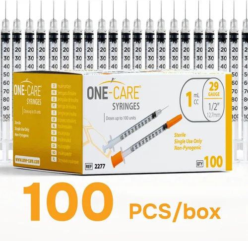 Vista 3 de ONE-CARE Jeringas 1 ml/cc, 29G x 1/2'' (12.7mm), Tapa Naranja, 100/caja