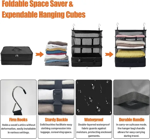 Vista 3 de Caroeas Estantes de viaje colgantes portátiles, bolsa organizadora de maleta, cubos de equipaje de mano para viajes, maleta de 4 estantes con 2