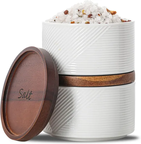 Vista 8 de Recipientes de sal y pimienta: recipiente de especias apilable de cerámica de 10 oz con tapa de madera - recipientes de almacenamiento
