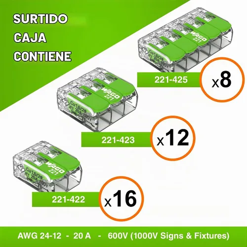Vista 2 de WAGO 221 Series Green Range 36 conectores de cable de empalme compactos, incluye (16 tuercas de palanca 221-422) (12 x 221-423) (8 x 221-425)