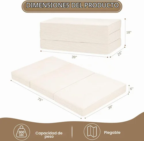 Vista 3 de Colchón de tres pliegues de 6 pulgadas, tamaño individual, sofá cama plegable con funda extraíble lavable, colchón plegable de espuma de alta Beige