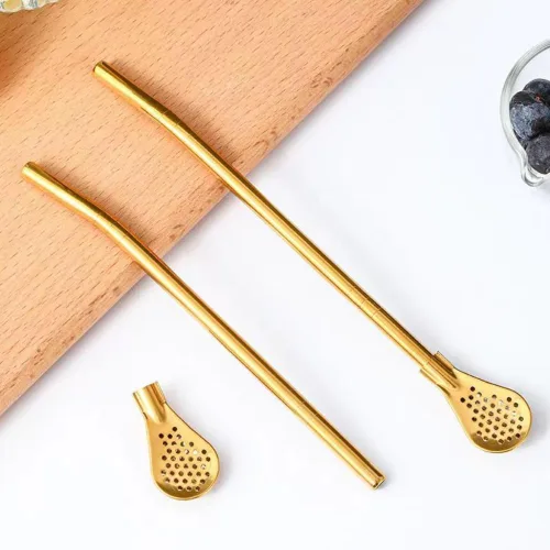 Vista 5 de 8 popotes de yerba mate, de acero inoxidable reutilizables dorados, cucharas con cepillo de limpieza para pajitas