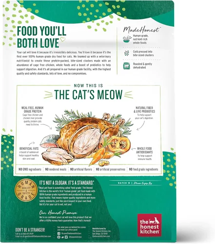 Vista 3 de The Honest Kitchen Clusters de comida para gatos de grado humano de comida entera sin granos de pollo seco, bolsa de prueba de 1 libra