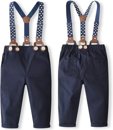 Vista 5 de SALNIER Conjunto de ropa de traje de bebé niño esmoquin trajes de caballero trajes de corbatín camisa tirantes pantalones boina sombrero 0-24M