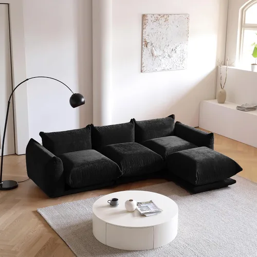 Vista 6 de JACH Otomana Cómoda de Estilo Moderno de Mediados de Siglo, Reposapiés de Sofá de Chenilla con Cojín Grueso, Muebles Taburete de 26" para Espacios