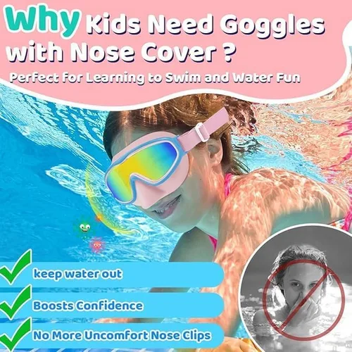Vista 2 de Vvinca Kids Swim Goggles with Nose Cover Comfort Fabric Strap, Wide View Diving Mask Anti-Fog/UV Swimming Goggles for 3-14