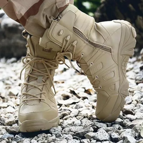 Vista 3 de Botas de trabajo tácticas militares para hombre, con cremallera lateral, ligeras, botas de combate para motocicleta, botas de combate para el Beige