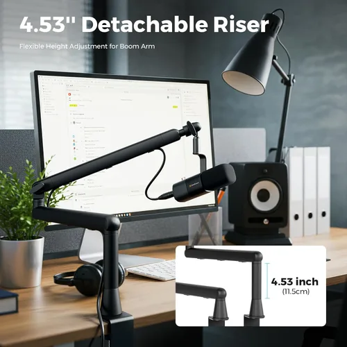 Vista 6 de NearStream Soporte de micrófono con adaptadores de 1/4", 3/8" y 5/8", brazo de micrófono ajustable con gestión de cables, elevador de 4.5", soporte