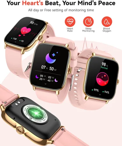 Vista 4 de Reloj inteligente para mujeres y hombres, llamadas Bluetooth, reloj de seguimiento de pasos para Android y iPhone, reloj inteligente impermeable