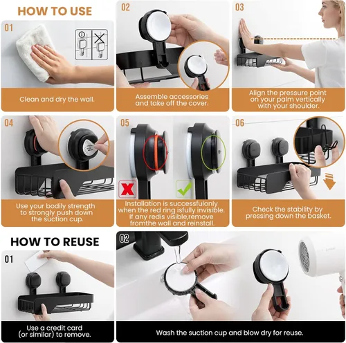 Vista 8 de LEVERLOC Shower Caddy - Ventosa de seguridad visual, estantes para ducha Negro