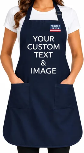 Vista 15 de Delantal personalizado con nombre o logotipo personalizado, cuello ajustable, 2 bolsillos, mezcla de algodón de fácil cuidado Crema