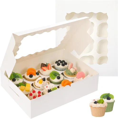 Vista 9 de TOMNK - 50 cajas para magdalenas con ventana, 6.3 x 6.3 x 3 pulgadas, cajas para magdalenas marrones Recipientes para cupcakes con calcomanías
