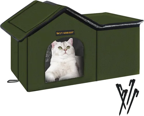 Vista 12 de Rest-Eazzzy Casa para gatos al aire libre, resistente a la intemperie y aislada, con alfombrilla y toldo, fácil de poner, refugio para gatos