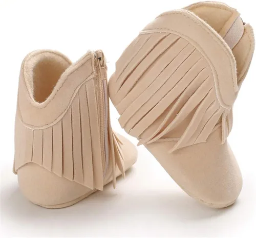 Vista 4 de Timatego Botas vaqueras con borlas para bebé, con cremallera lateral, antideslizantes, para bebés, bebés, para primer caminante, cálidos, para 02
