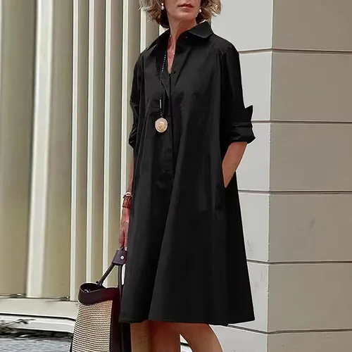 Vista 2 de Vestido camisero de lino de manga larga para mujer, estampado simple, con botones, talla grande, holgado, con 2 bolsillos
