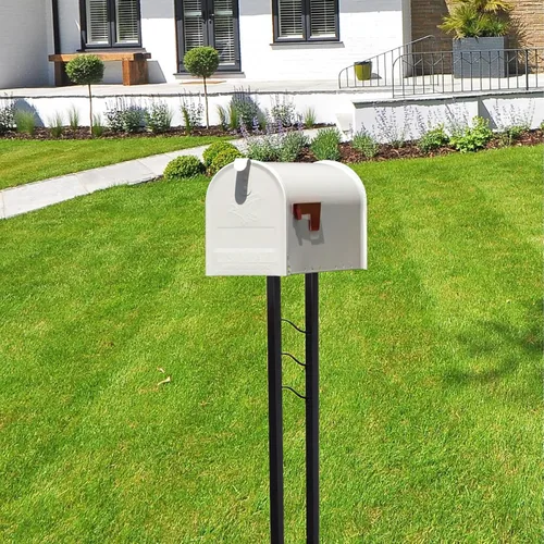 Vista 2 de Architectural Mailboxes Buzón de correo de metal de acero resistente a la intemperie para exterior con poste, blanco, buzón mediano en la acera