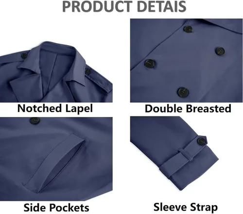 Vista 6 de Gafeng Gabardina de doble botonadura para hombre, solapa con muescas, casual, ajustado, largo cortavientos