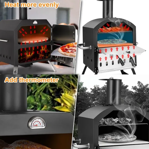 Vista 5 de Horno de pizza de 12’’ para exteriores Horno de pizza de leña Horno de patio portátil Incluye piedra para pizza, piel de pizza, patas plegables