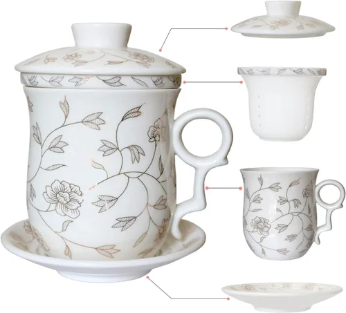 Vista 12 de Taza de té de porcelana con tapa de infusor y juegos de platillos – Taza de café de cerámica china Jingdezhen Taza de té de hoja suelta Sistema