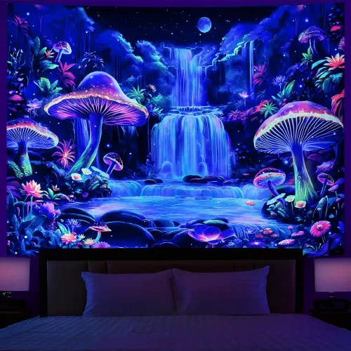 Vista 9 de Dermijer Tapiz de luz negra, tapiz de fantasía, bosque de hongos, tapices reactivos a los rayos UV, tapices de cascada, luna, noche, neón, flores