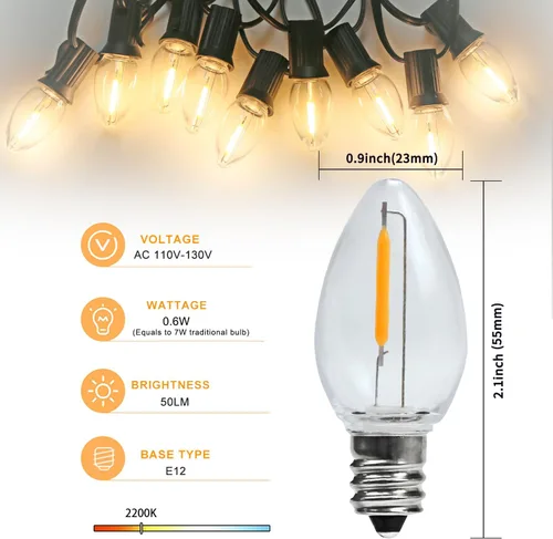 Vista 2 de KGC - Paquete de 4 cables de accesorios con bombilla LED C7, blanco cálido 2700K, 6 pies Indoor Blow Mold Light Cord with Plug On/Off Switch for