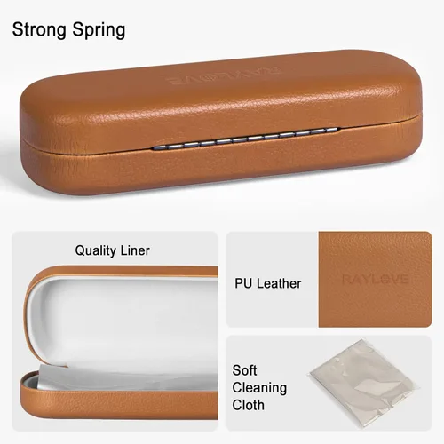 Vista 4 de RayLove Estuche rígido para lentes con paño de limpieza, funda protectora de piel sintética para lentes de sol