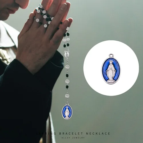 Vista 8 de 40 piezas ovaladas de aleación azul esmalte católica medalla milagrosa de la Virgen María colgante para bricolaje rosario collar pulsera mexicana
