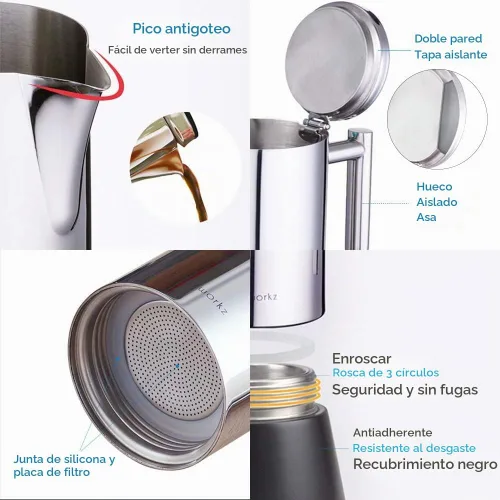 Vista 4 de Easyworkz Diego - Cafetera italiana de acero inoxidable, cafetera italiana, 4 tazas, 6.8 onzas, cafetera moka de inducción Negro