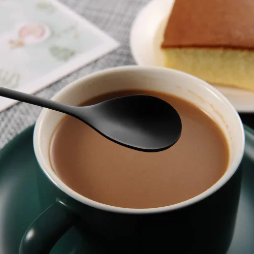 Vista 3 de AnSaw Elegantes Cucharas de Café de Hoja Negra - 10 Piezas, 4.7" Mini Cucharas de Acero Inoxidable para Espresso y Postre, Perfectas para Demitasse