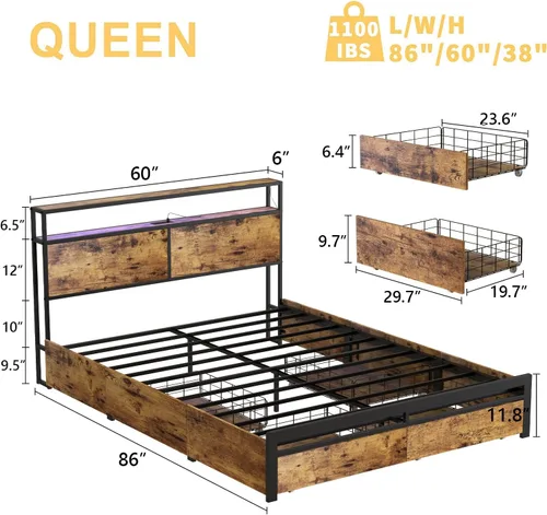 Vista 2 de HAUSOURCE - Base de cama tamaño Queen con cabecera de almacenamiento, 4 cajones, luces LED, plataforma metálica antideslizante sin ruido, base
