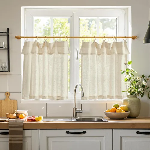 Vista 60 de Jinchan - Cortinas de cocina de lino rústico beige con bolsillo para barra, 26 x 36 pulgadas, 2 paneles