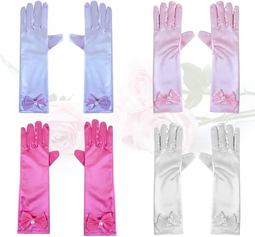 Vista 5 de AUHOKY 4 pares de guantes largos de princesa para niñas pequeñas, con lazos formales, edad 3-8 4