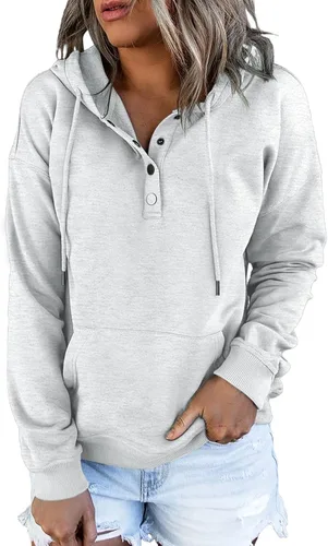Vista 2 de SHEWIN - Sudadera casual con capucha de manga larga con botones y cordón para mujer holgada y con bolsillo