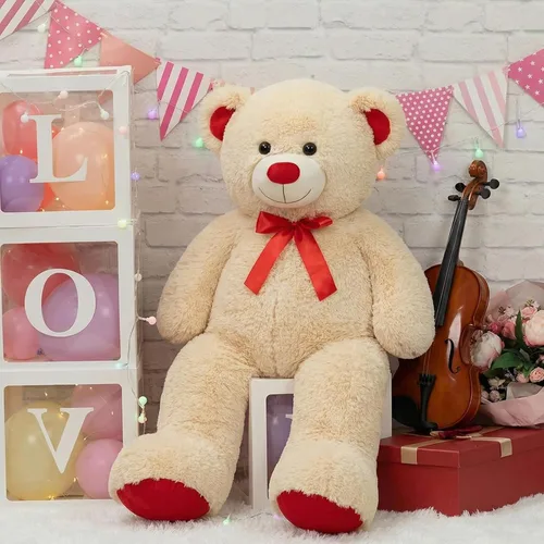 Vista 3 de Enorme Oso de Peluche Animal de Peluche Oso de Peluche Gigante con Lazo de Cinta Roja Juguete de Peluche de Día Regalo para Novia y Niños 36 Beige