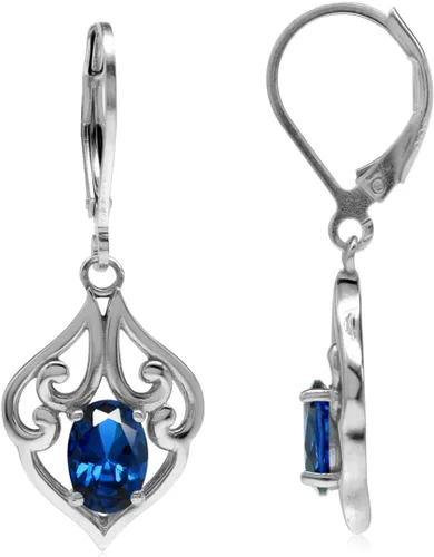 Vista 11 de Silvershake Aretes colgantes de plata de ley 925 chapados en oro blanco o amarillo con piedra natal ovalada de 0.276 x 0.197 in, estilo victoriano