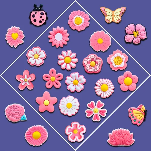 Vista 3 de 24 dijes de flores rosas para zapatos de zueco, sandalias, pulseras, dijes lindos, Metal no precioso., No es una piedra preciosa
