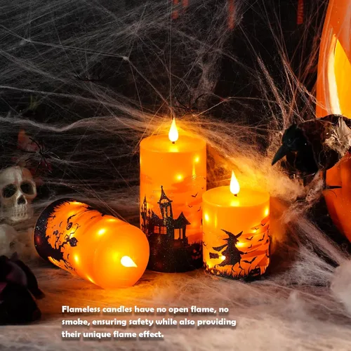 Vista 6 de Sasigeiaa - Velas sin llama de Halloween con control remoto - Velas LED naranjas y luces de cadena, juego de 3 que funcionan