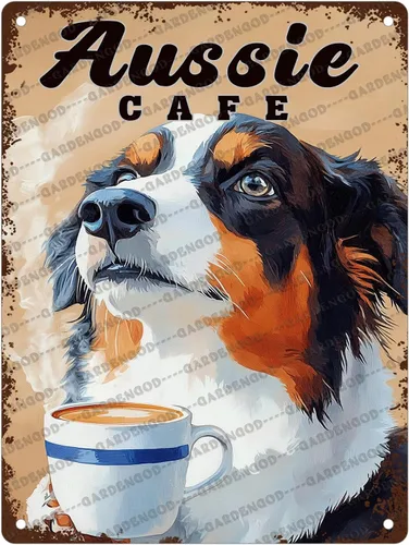 Vista 27 de Cartel de metal de café con diseño de perro y cafetería, diseño de pastor australiano, decoración de pared, 12 x 8 pulgadas