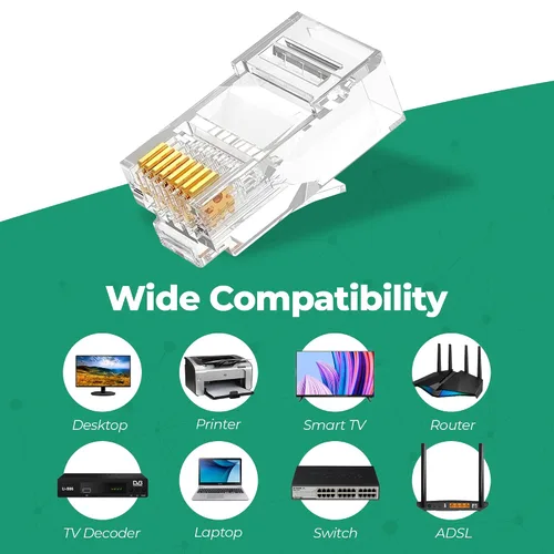 Vista 6 de Conectores de paso RJ45 Cat6, conectores de crimpado de cable Ethernet chapados en oro, enchufe de red UTP para cables sólidos y cables Ethernet