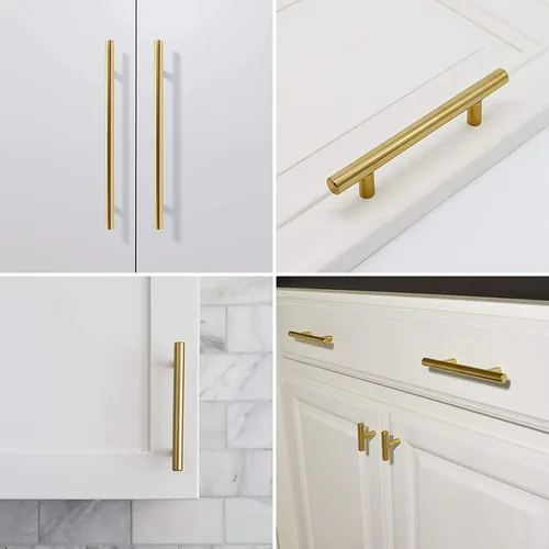 Vista 4 de Haliwu Paquete de 5 manijas doradas de gabinete de cocina de 2-1/2 pulgadas para tiradores de cajón, tiradores dorados cepillados, accesorios