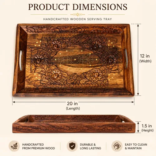 Vista 7 de Bandeja decorativa hecha a mano elegante de madera, bandeja rústica de granja, bandeja grande para servir de 20 x 12 pulgadas, bandeja de mesa